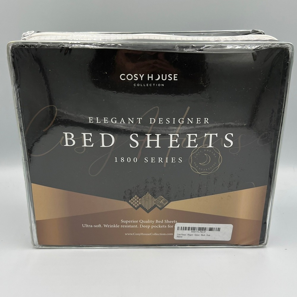 Cosy House Queen Bed Sheets Black Checkered Dots 1800 Series 6pc Set New - Picture 5 of 6